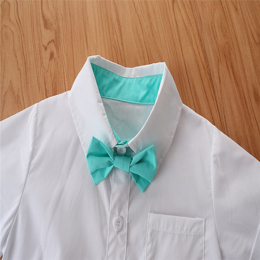 Infant Boys White Bodysuit Style Pure Cotton Shirt And Shorts With Suspenders