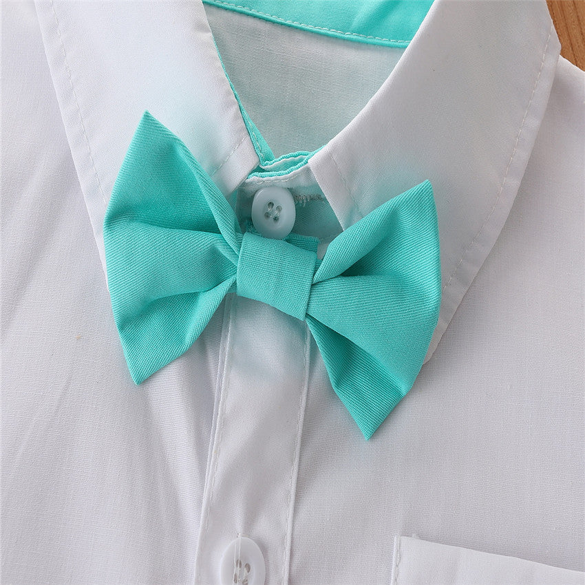 Infant Boys White Bodysuit Style Pure Cotton Shirt And Shorts With Suspenders