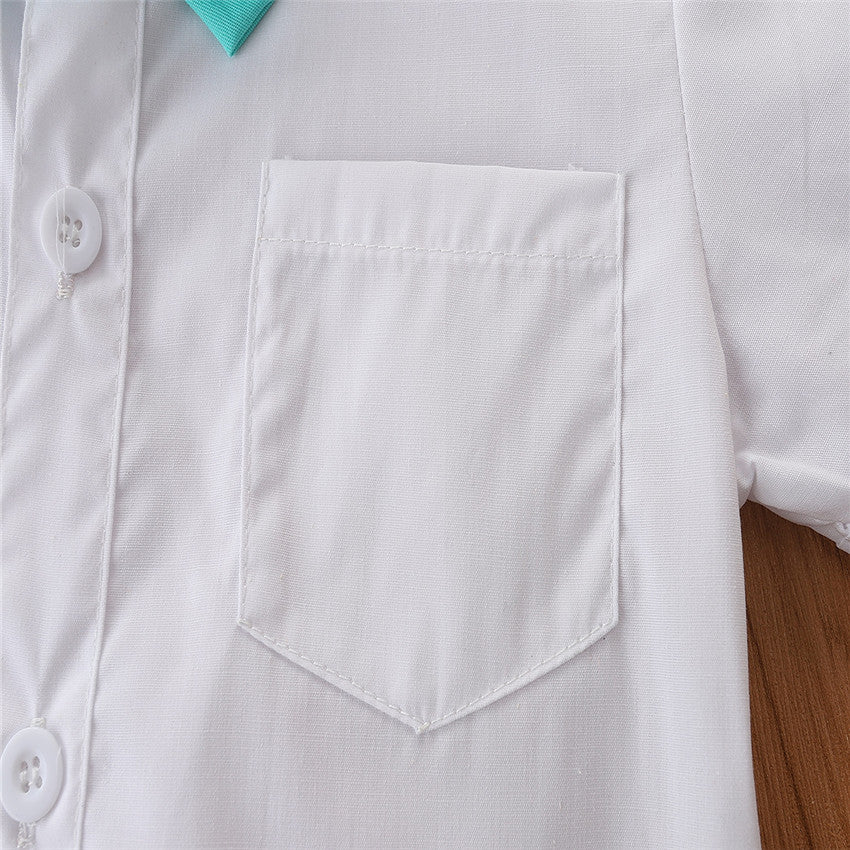 Infant Boys White Bodysuit Style Pure Cotton Shirt And Shorts With Suspenders