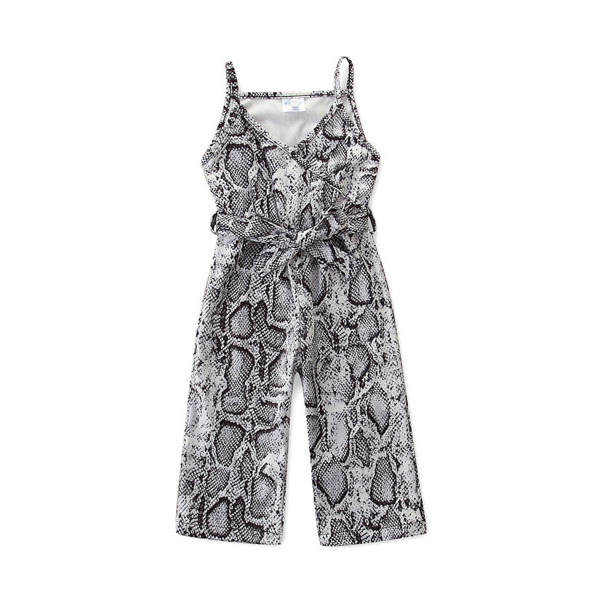 Girls Black Animal Printed Shoulder Straps Cotton Basic Jumpsuit