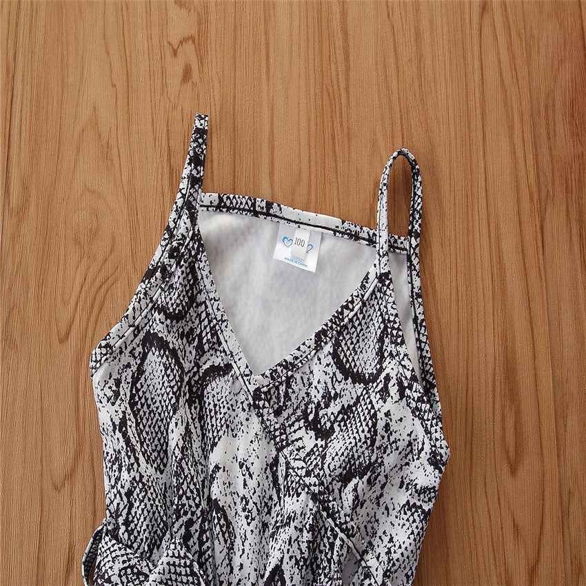 Girls Black Animal Printed Shoulder Straps Cotton Basic Jumpsuit