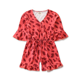 Girls Red Abstract Printed with Ruffles Cotton Playsuit