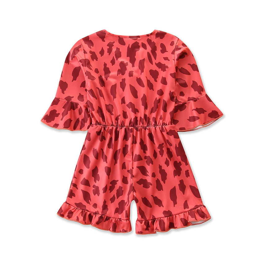 Girls Red Abstract Printed with Ruffles Cotton Playsuit