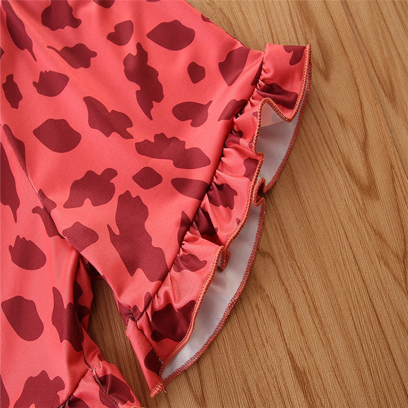 Girls Red Abstract Printed with Ruffles Cotton Playsuit