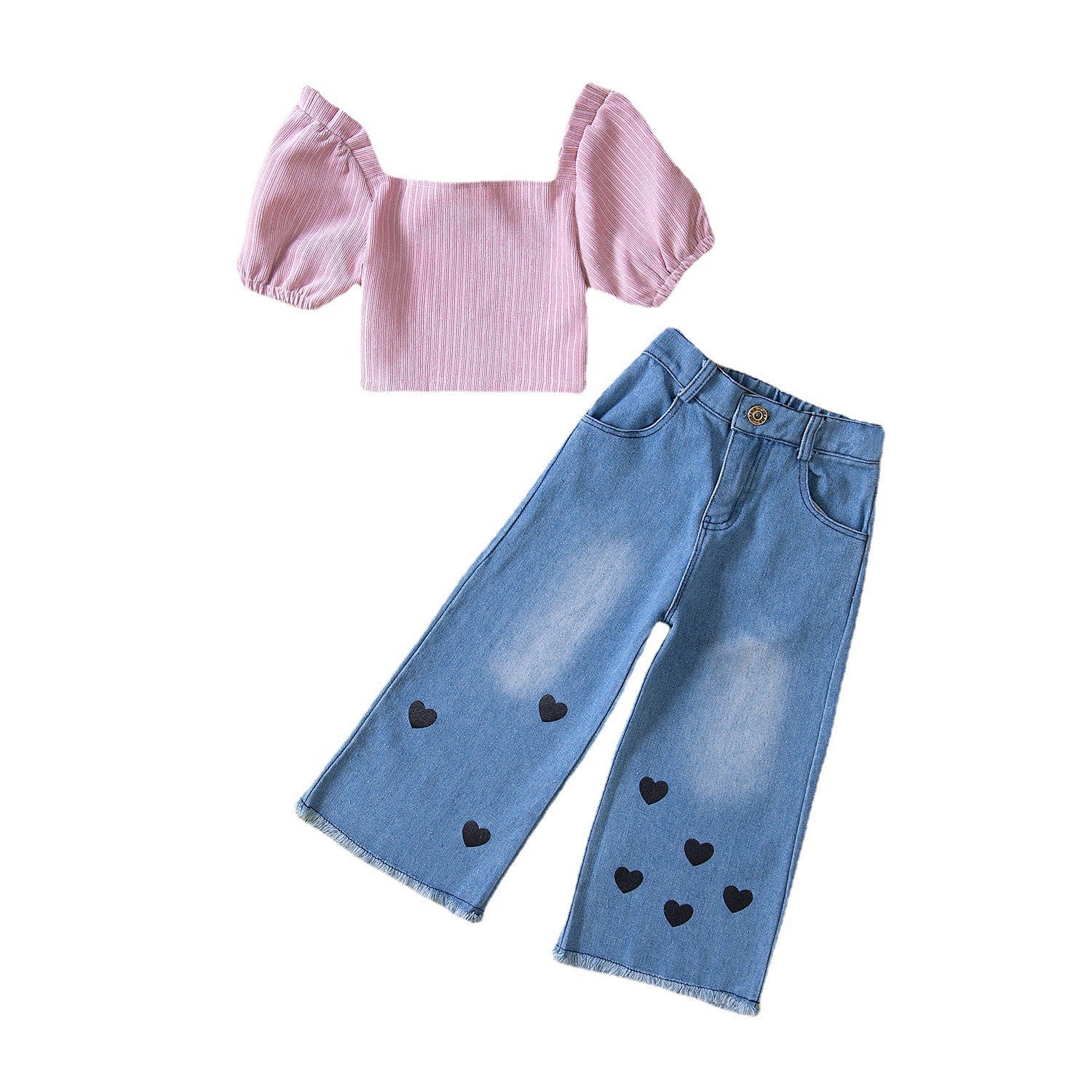Girls Pink Striped Square Neck Puff Sleeve Top with Trousers