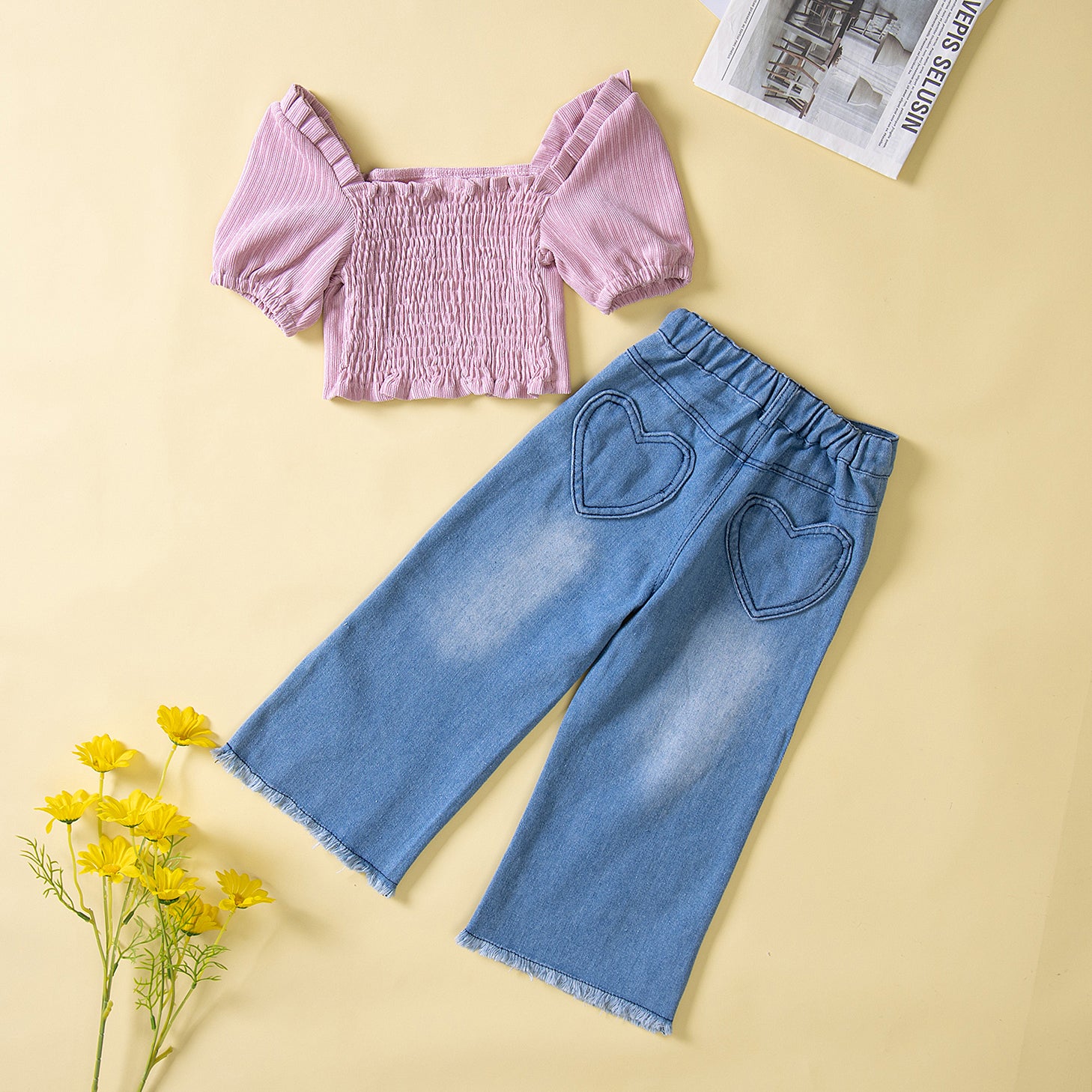 Girls Pink Striped Square Neck Puff Sleeve Top with Trousers