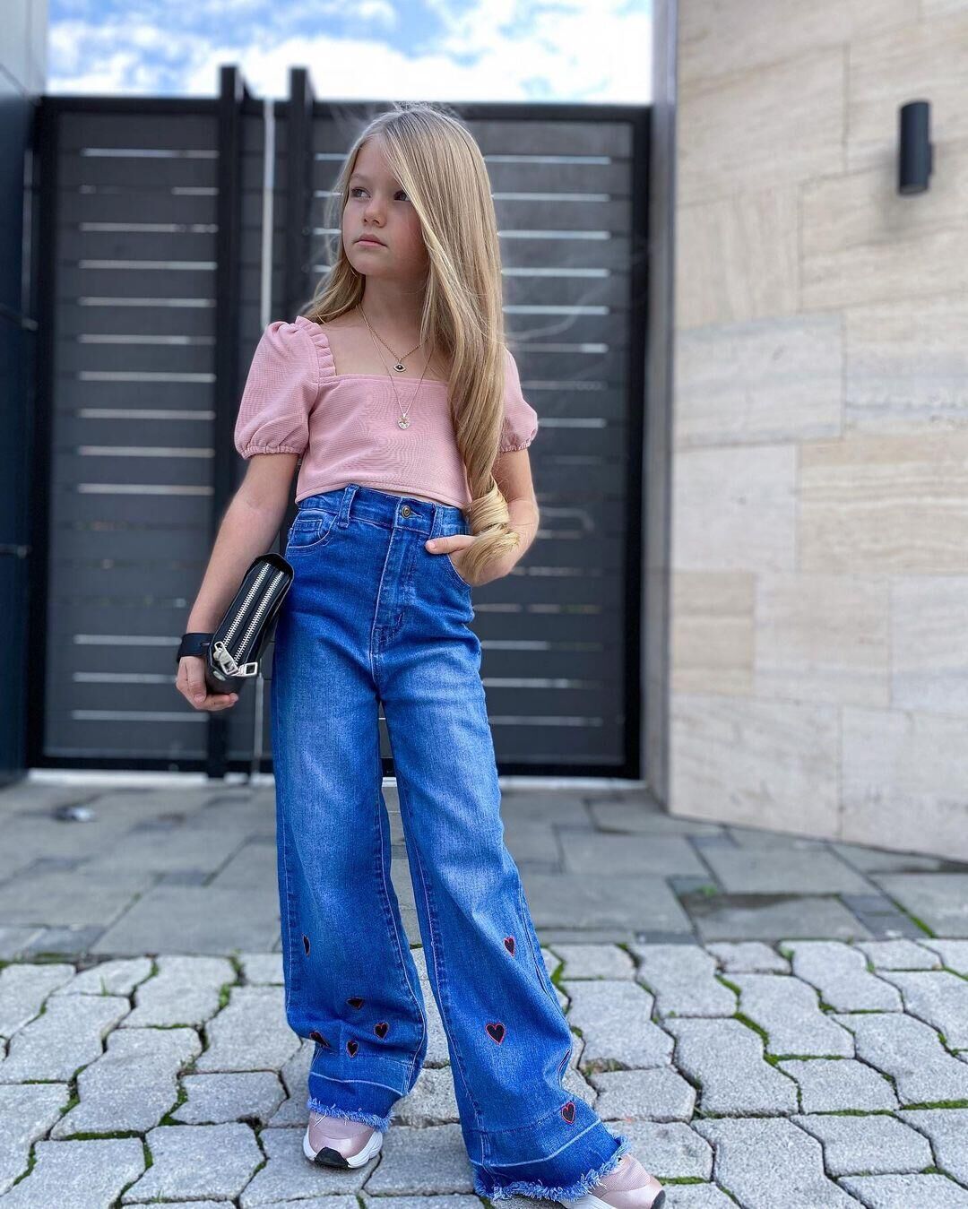 Girls Pink Striped Square Neck Puff Sleeve Top with Trousers