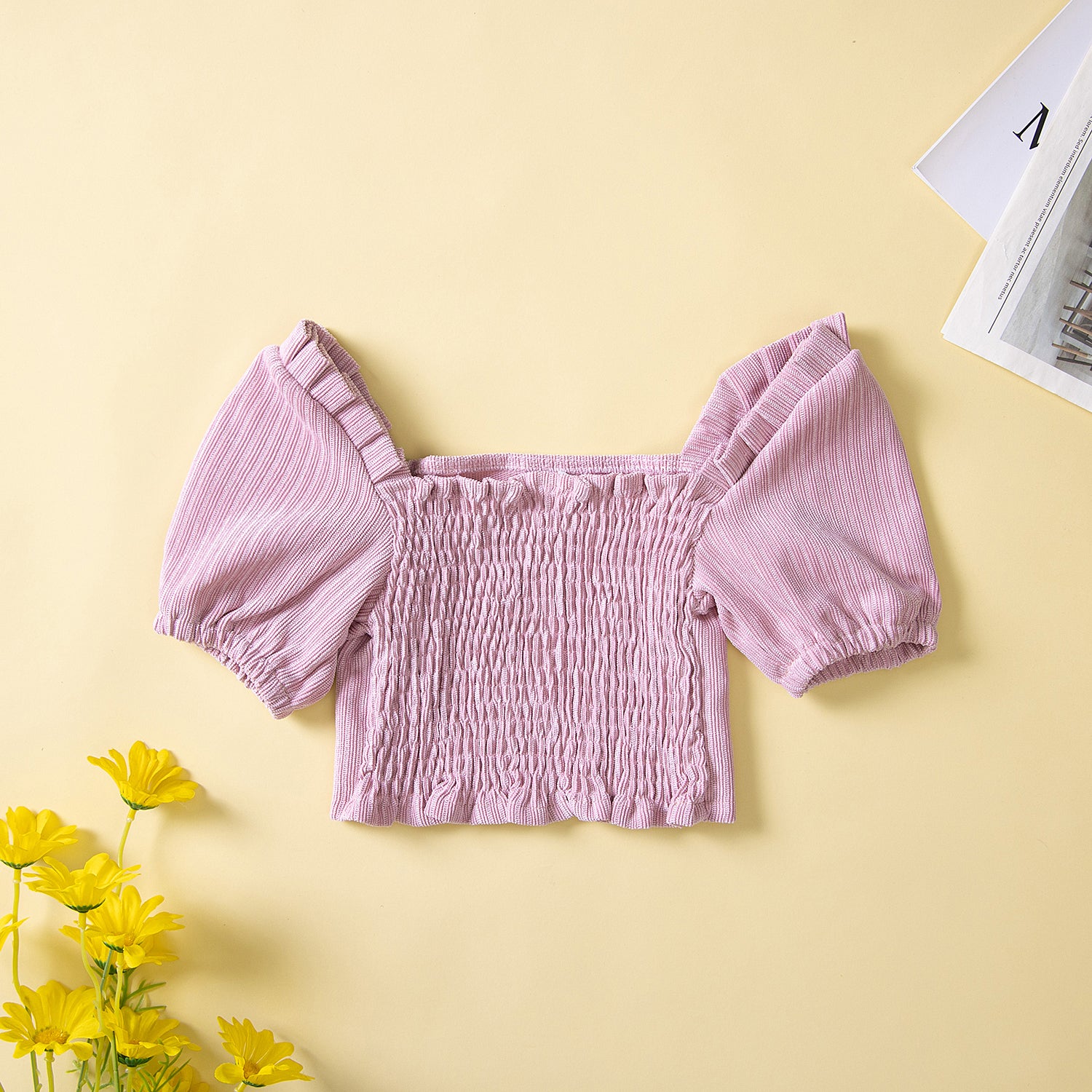 Girls Pink Striped Square Neck Puff Sleeve Top with Trousers