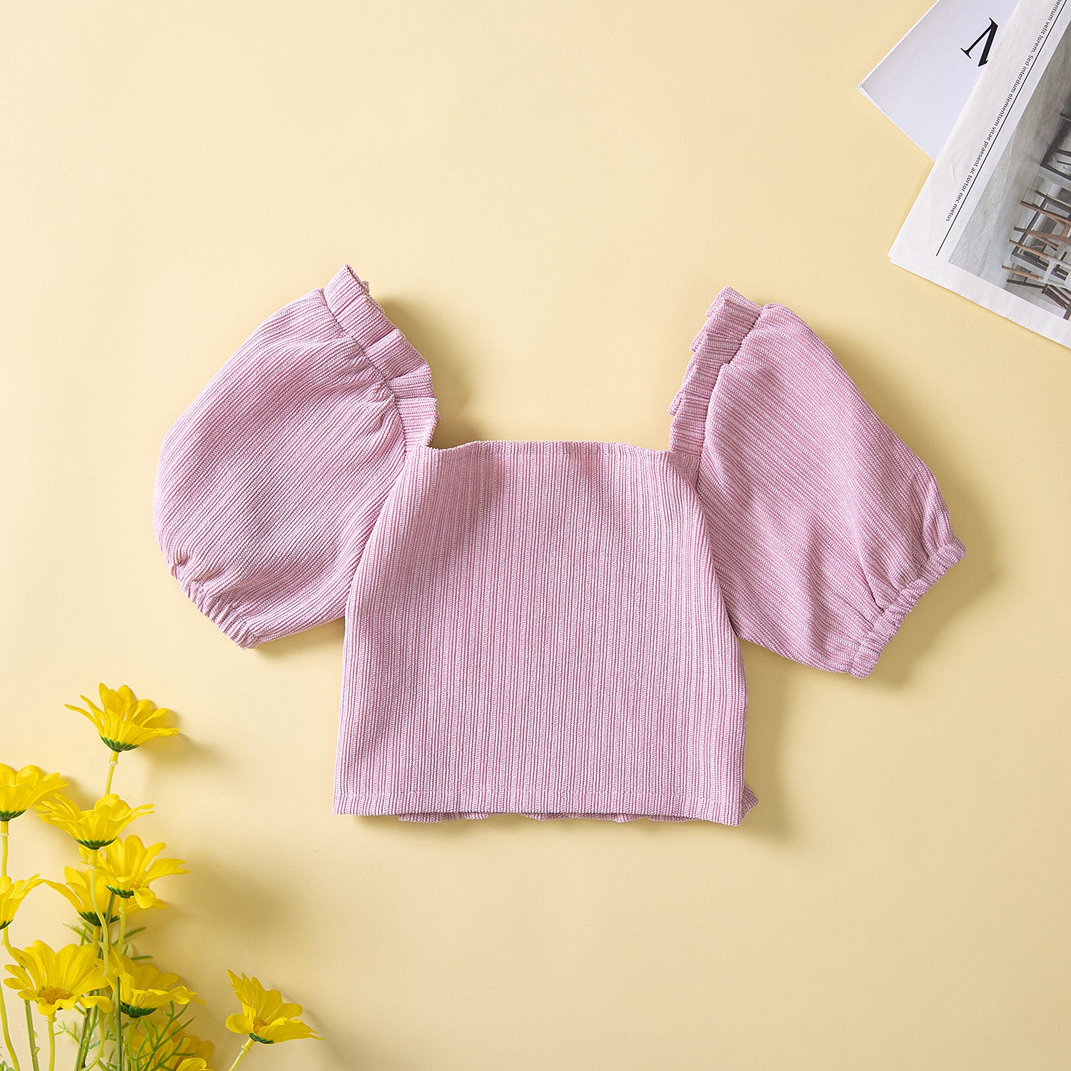 Girls Pink Striped Square Neck Puff Sleeve Top with Trousers