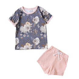 Girls Grey & Pink Printed T-shirt with Shorts