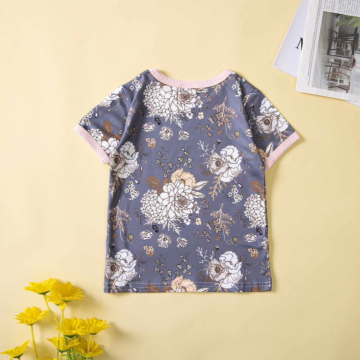 Girls Grey & Pink Printed T-shirt with Shorts