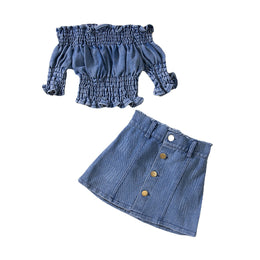 Girls Blue Off Shoulder Smocked Top with Skirt