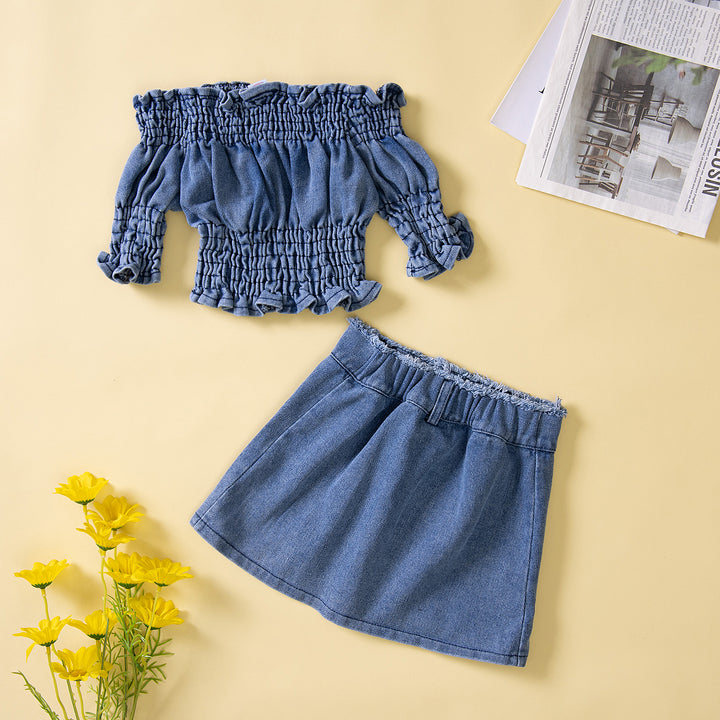 Girls Blue Off Shoulder Smocked Top with Skirt