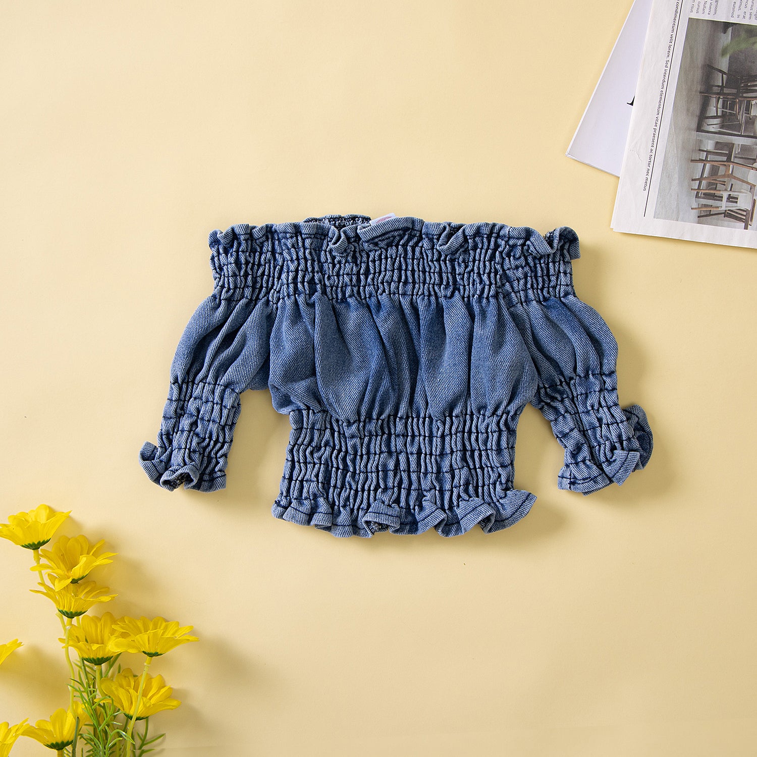 Girls Blue Off Shoulder Smocked Top with Skirt