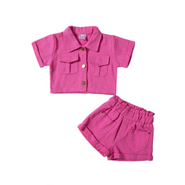 Girls Pink Shirt Collar Jacket with Shorts