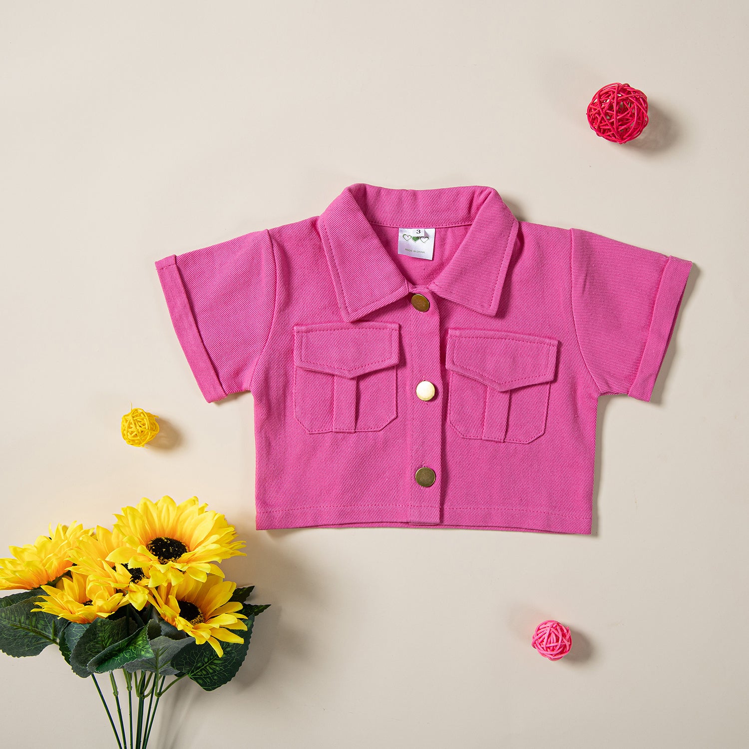 Girls Pink Shirt Collar Jacket with Shorts