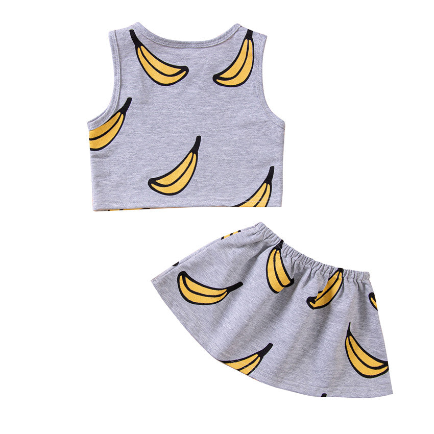Girls Grey & Yellow Printed Sleeveless Top with Skirt
