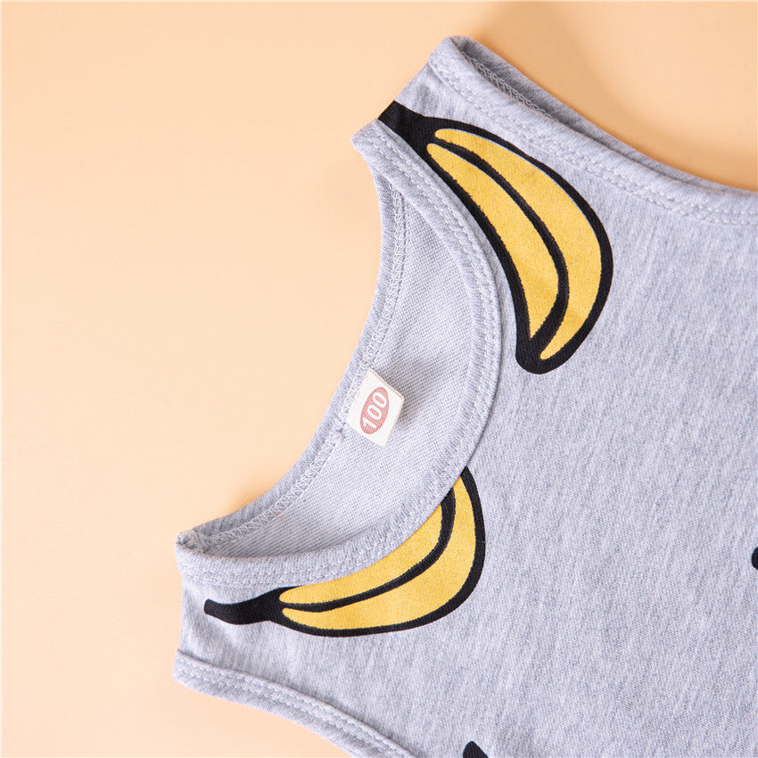 Girls Grey & Yellow Printed Sleeveless Top with Skirt