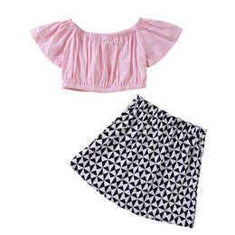 Girls Pink Top With Printed Skirt