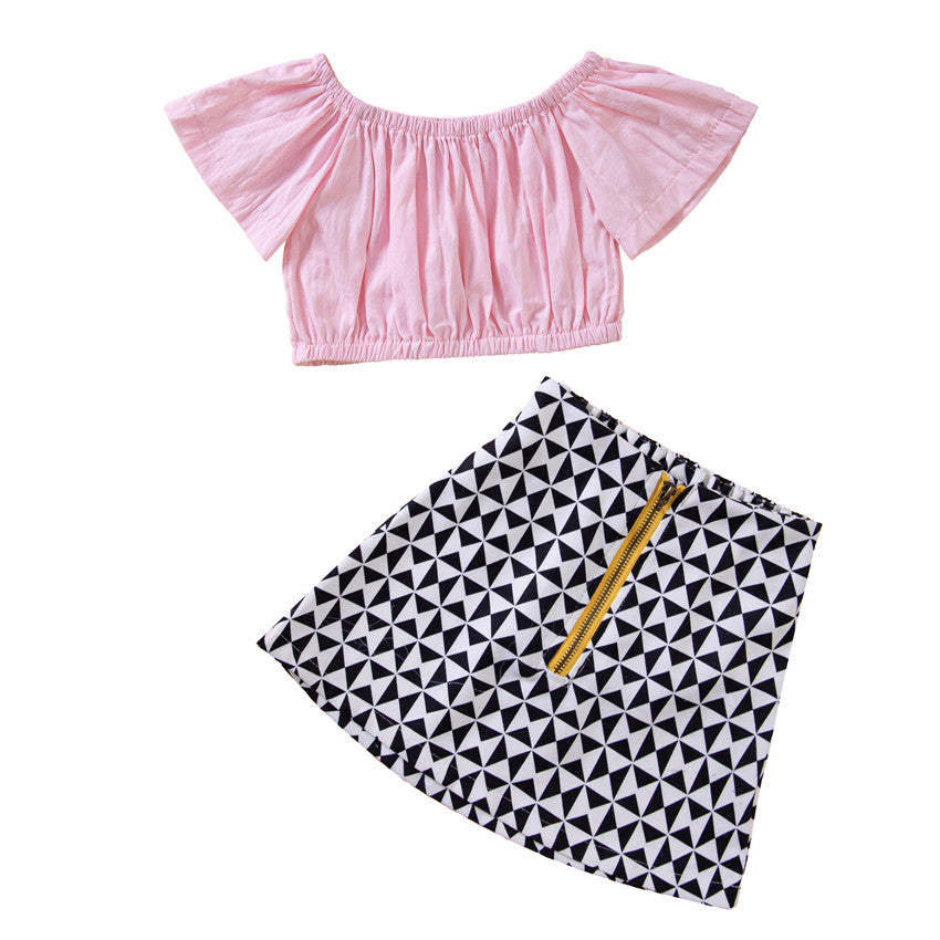 Girls Pink Top With Printed Skirt