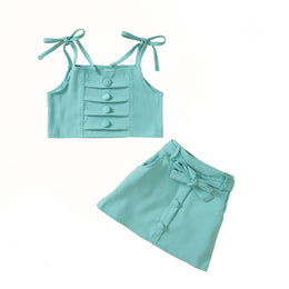 Girls Green Sleeveless Crop Top with Skirt