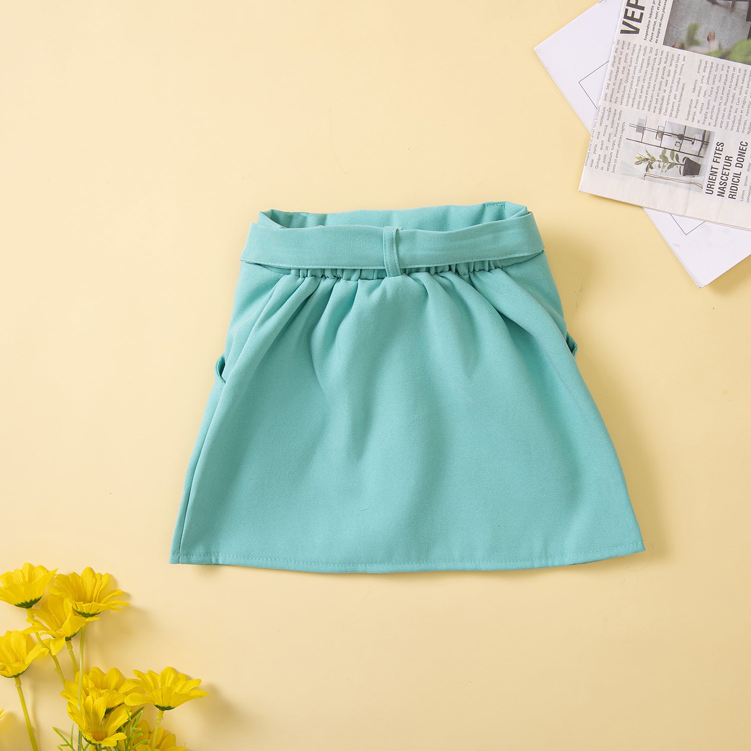 Girls Green Sleeveless Crop Top with Skirt