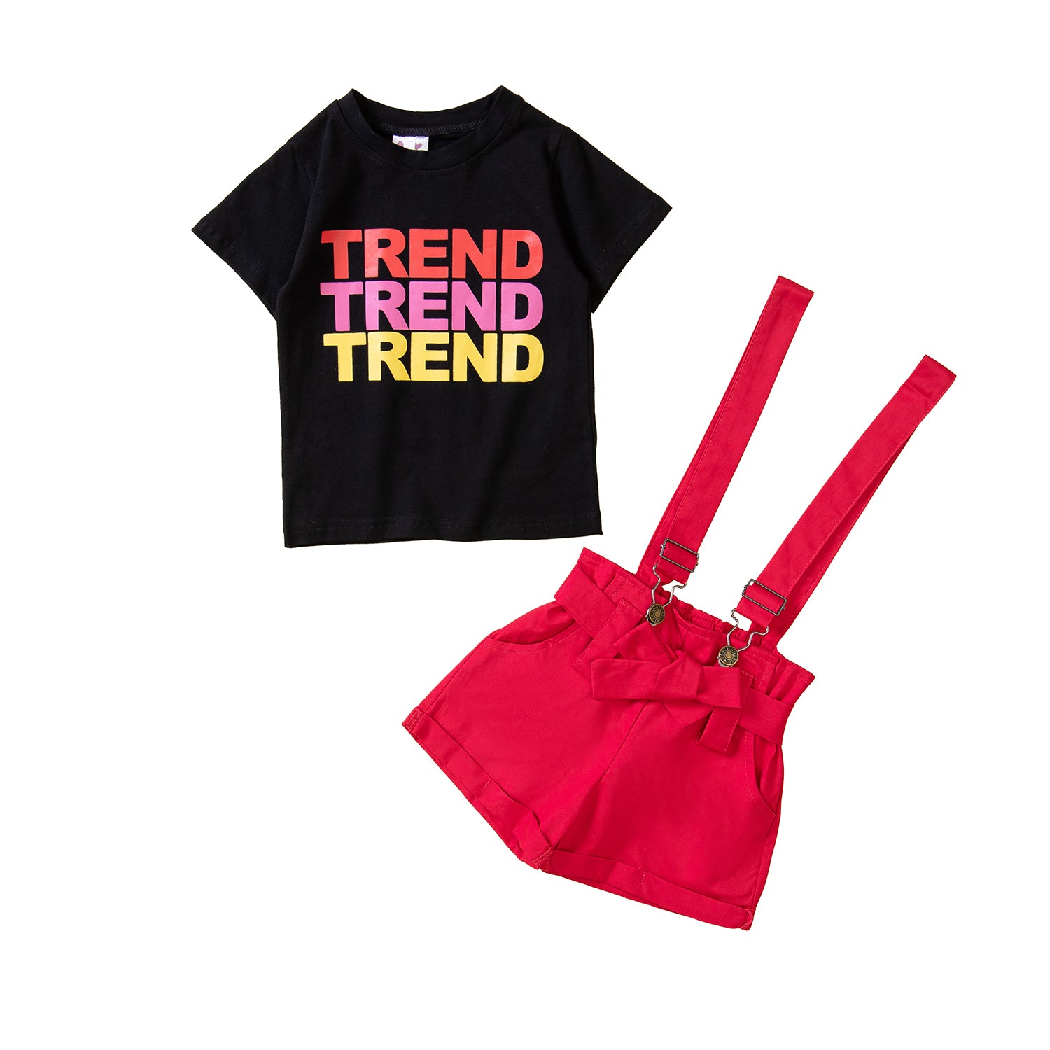 Girls Black & Red Printed T-shirt With Shorts & Suspenders