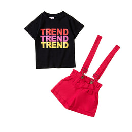 Girls Black & Red Printed T-shirt With Shorts & Suspenders