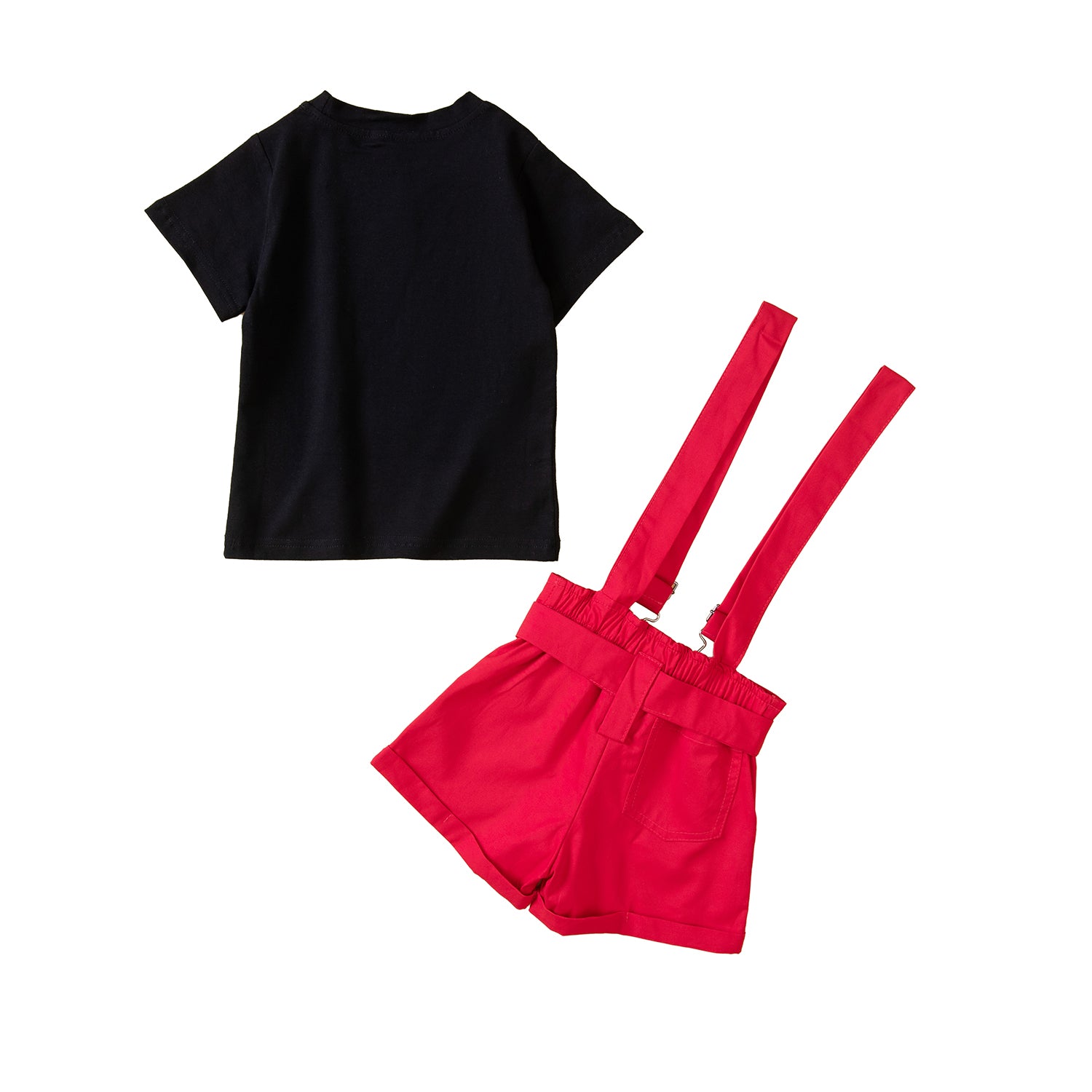 Girls Black & Red Printed T-shirt With Shorts & Suspenders