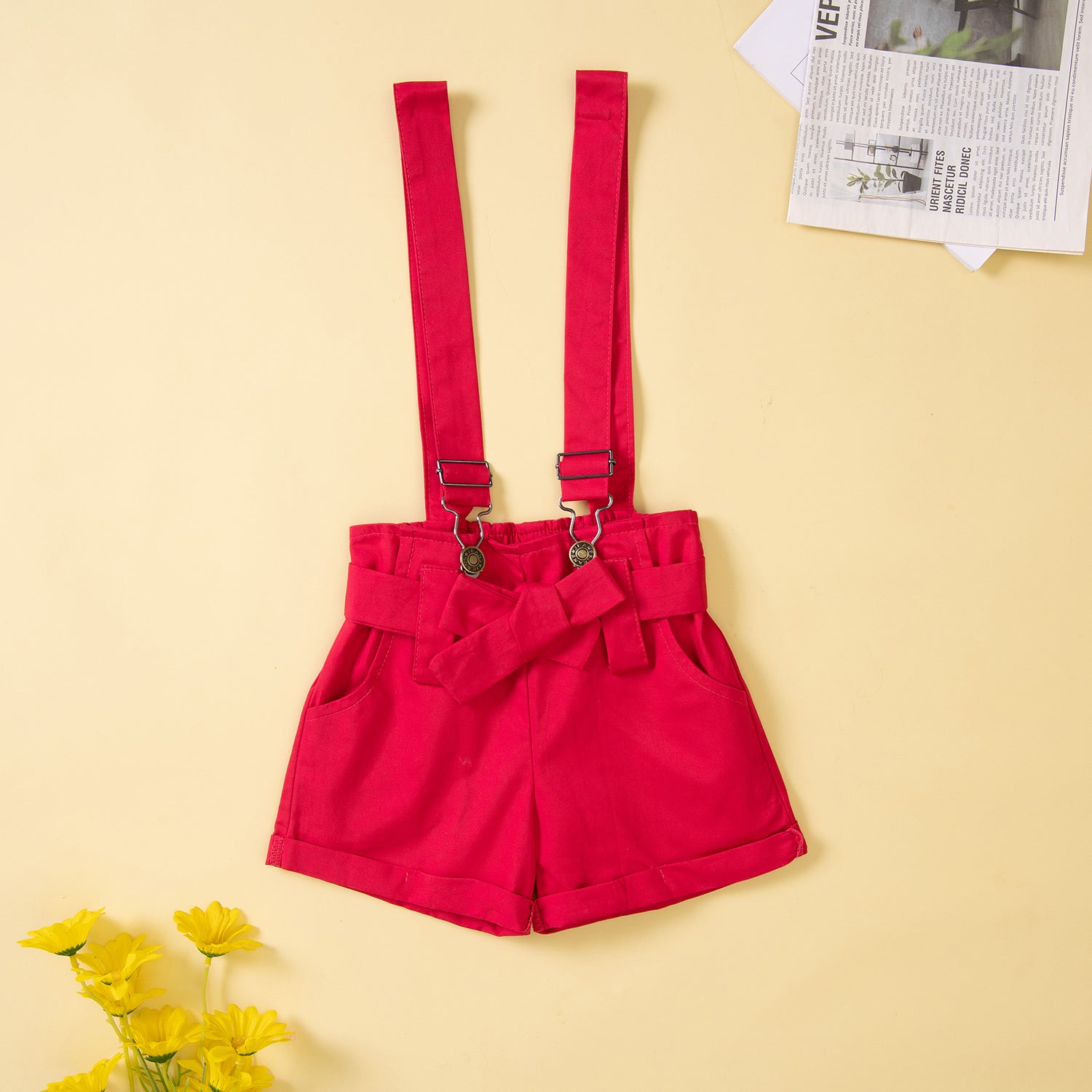 Girls Black & Red Printed T-shirt With Shorts & Suspenders