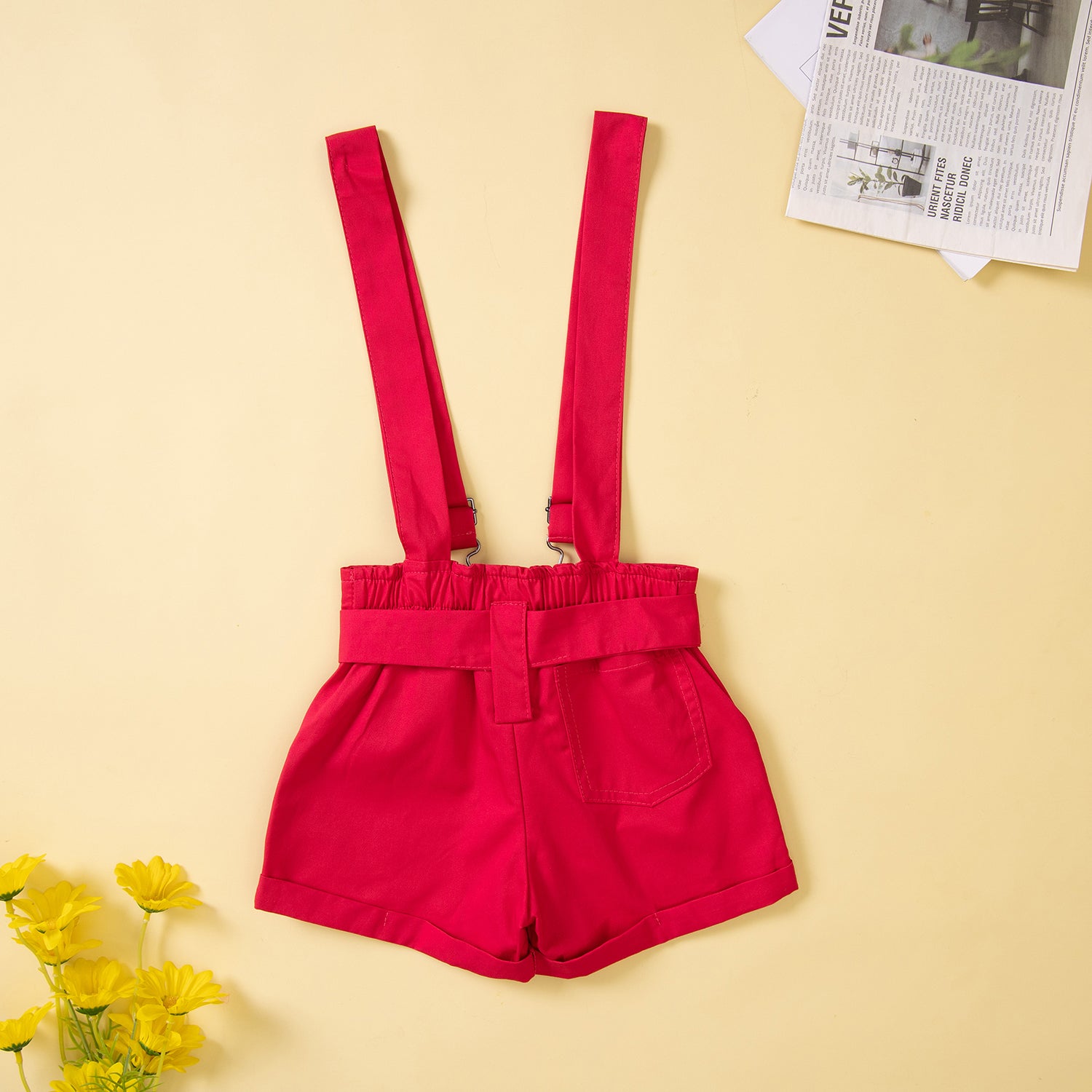 Girls Black & Red Printed T-shirt With Shorts & Suspenders