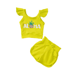 Girls Yellow Printed Top With Shorts