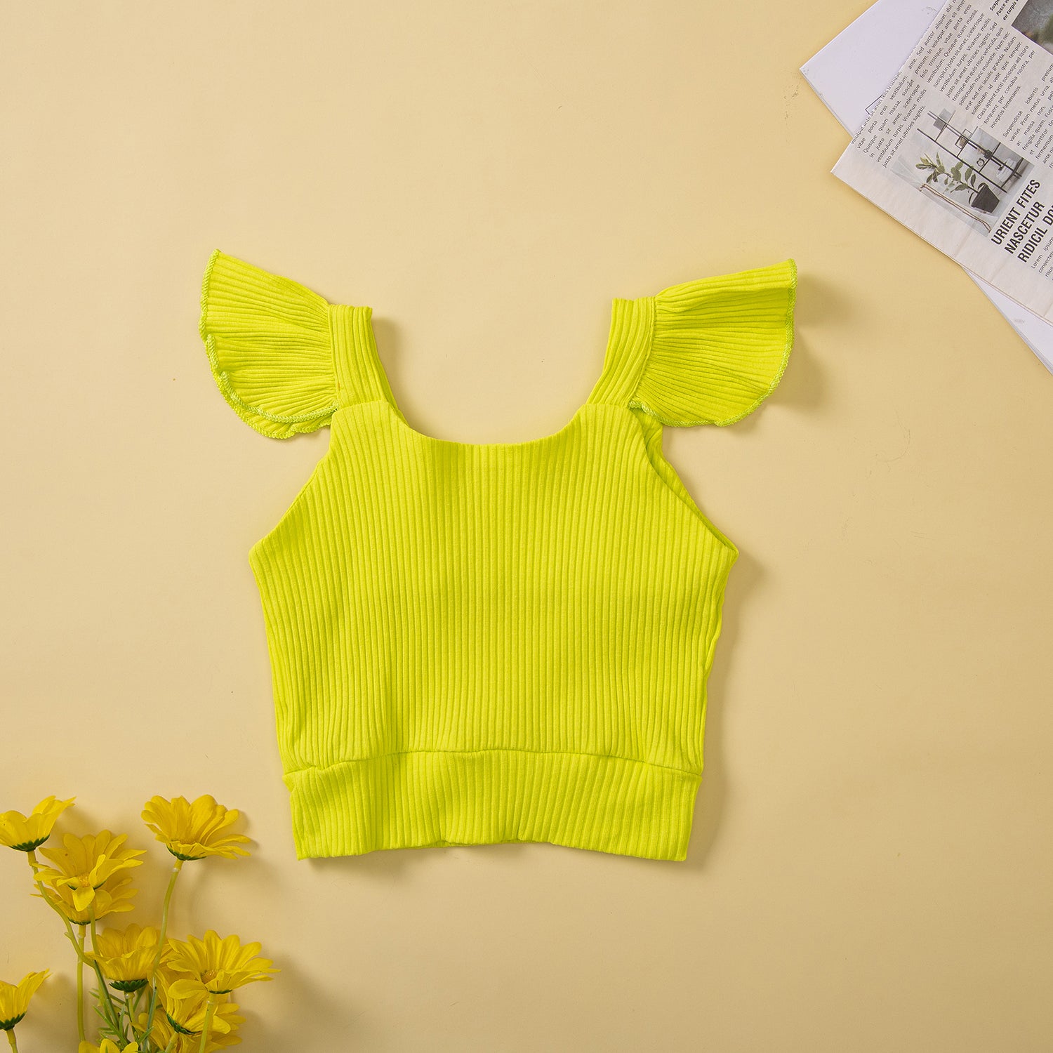 Girls Yellow Printed Top With Shorts