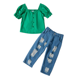 Girls Green V-Neck Puff Sleeve Top with Trouser