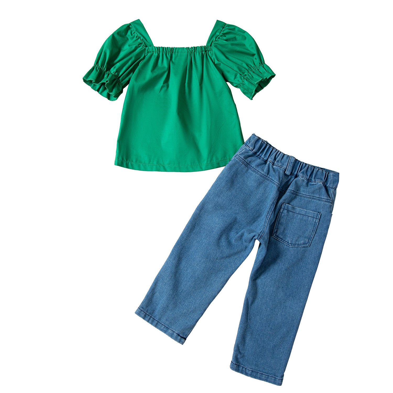 Girls Green V-Neck Puff Sleeve Top with Trouser