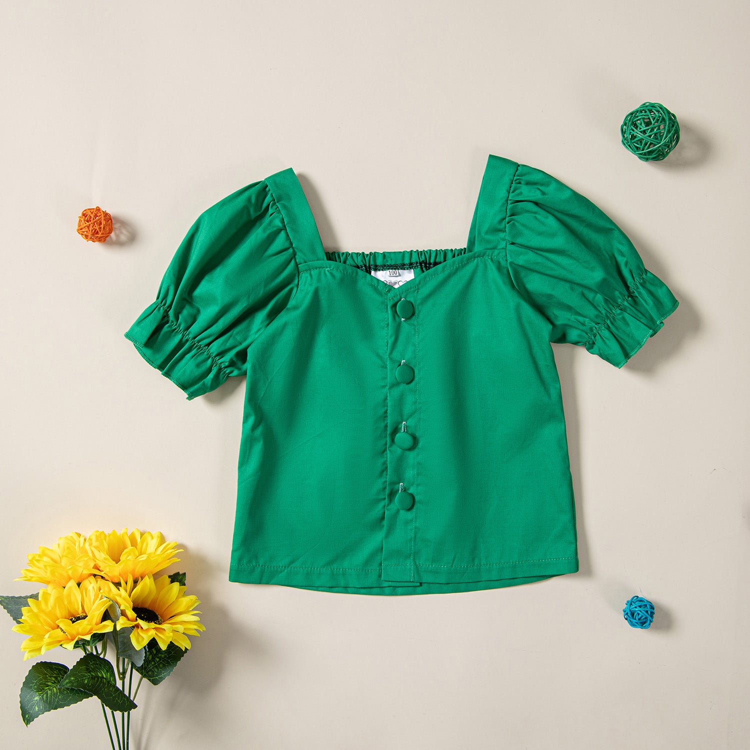 Girls Green V-Neck Puff Sleeve Top with Trouser
