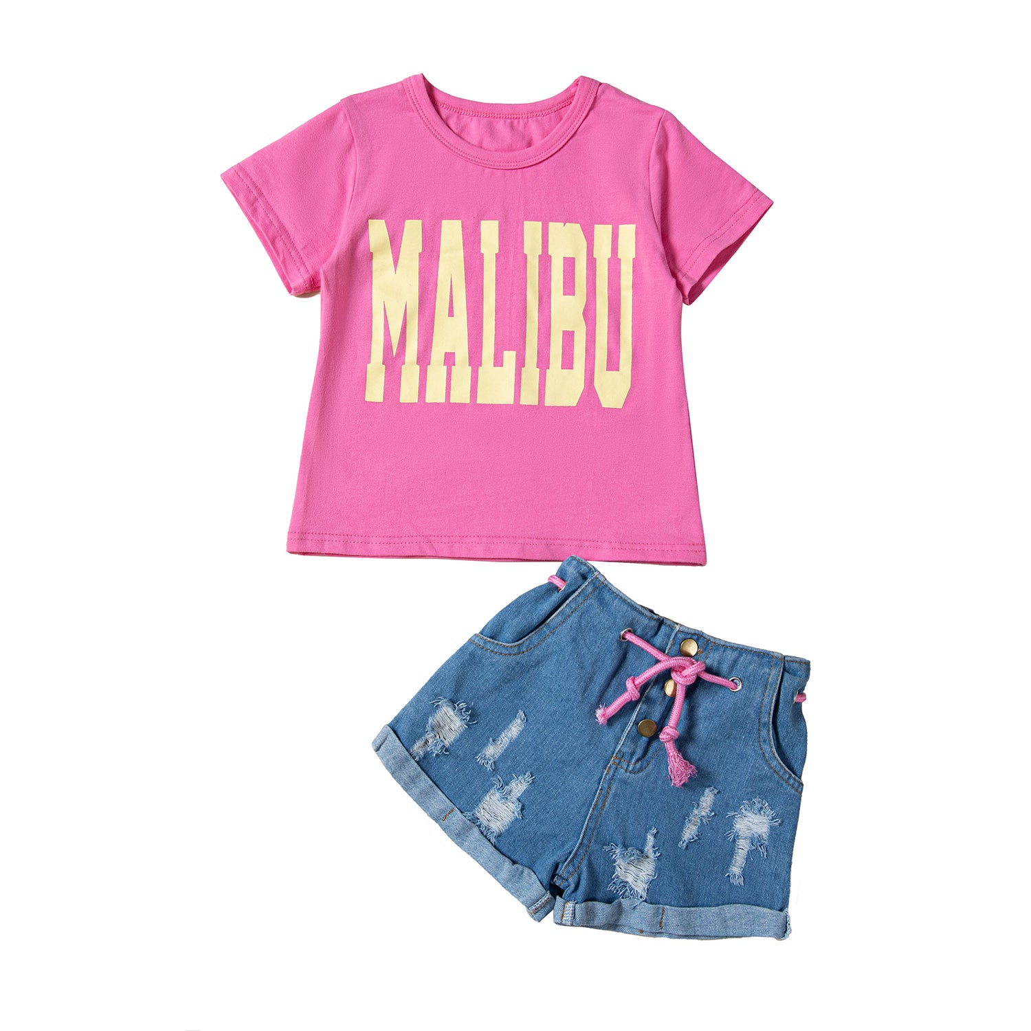 Girls Pink Printed T-shirt with Shorts