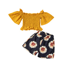 Girls Yellow & Black Off-Shoulder Smocked Top With Floral Printed Shorts