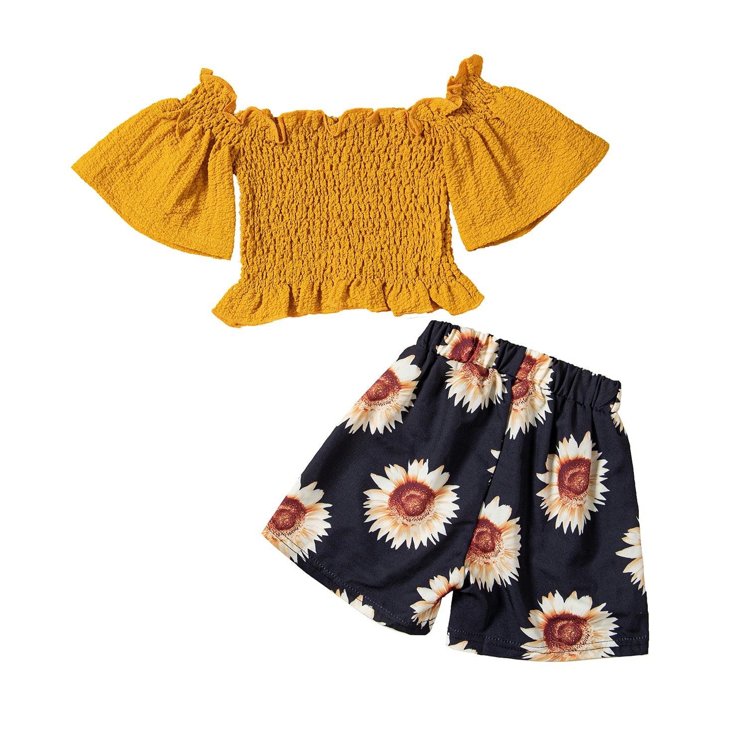 Girls Yellow & Black Off-Shoulder Smocked Top With Floral Printed Shorts