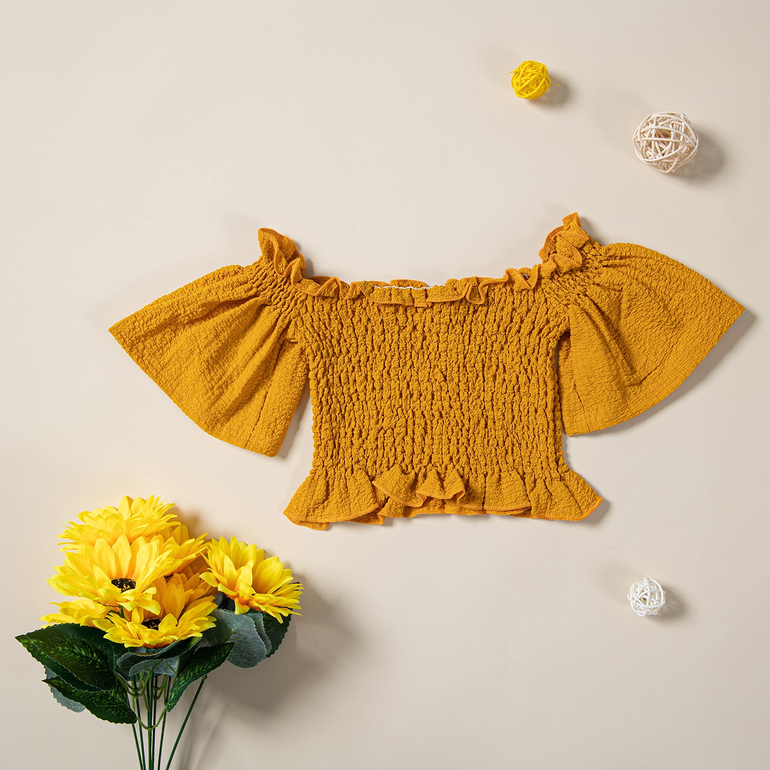 Girls Yellow & Black Off-Shoulder Smocked Top With Floral Printed Shorts