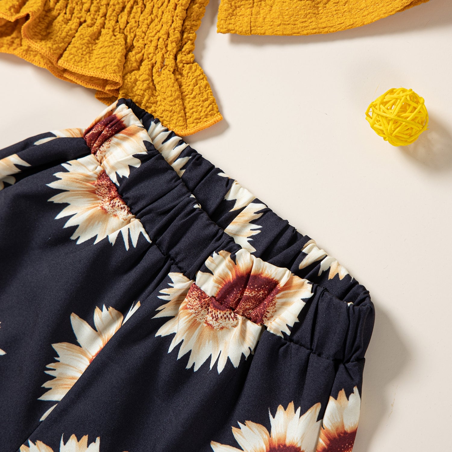 Girls Yellow & Black Off-Shoulder Smocked Top With Floral Printed Shorts