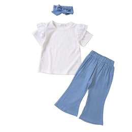 Girls White & Blue Round Neck Top with Palazzos