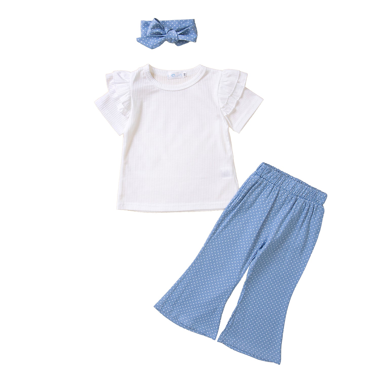 Girls White & Blue Round Neck Top with Palazzos