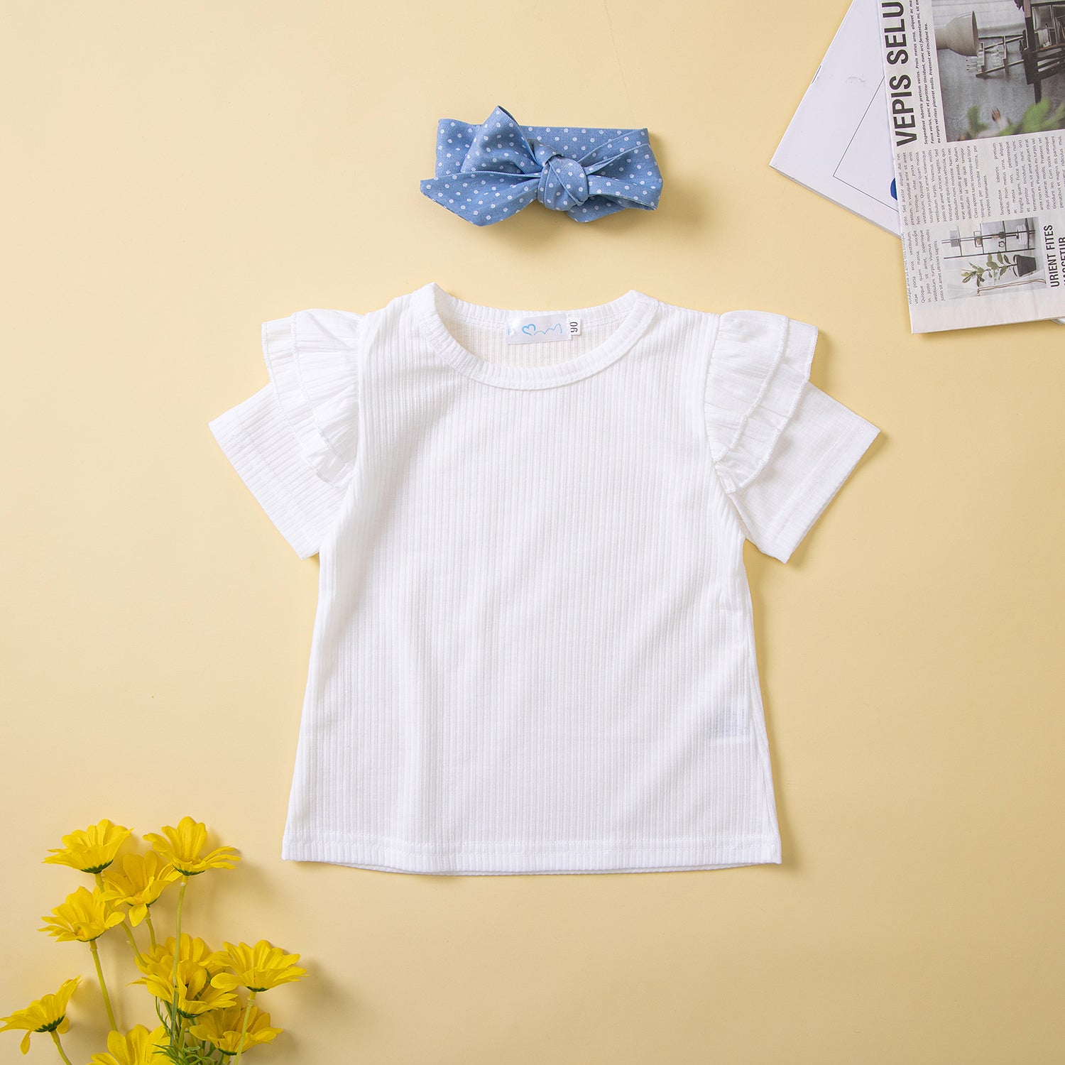 Girls White & Blue Round Neck Top with Palazzos