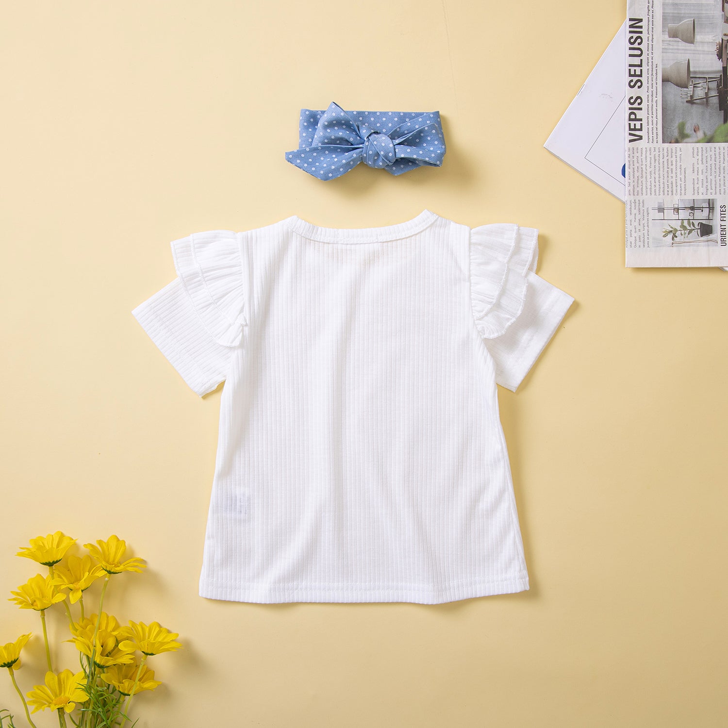 Girls White & Blue Round Neck Top with Palazzos