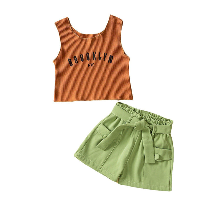 Girls Brown Typography Printed T-shirt with Shorts