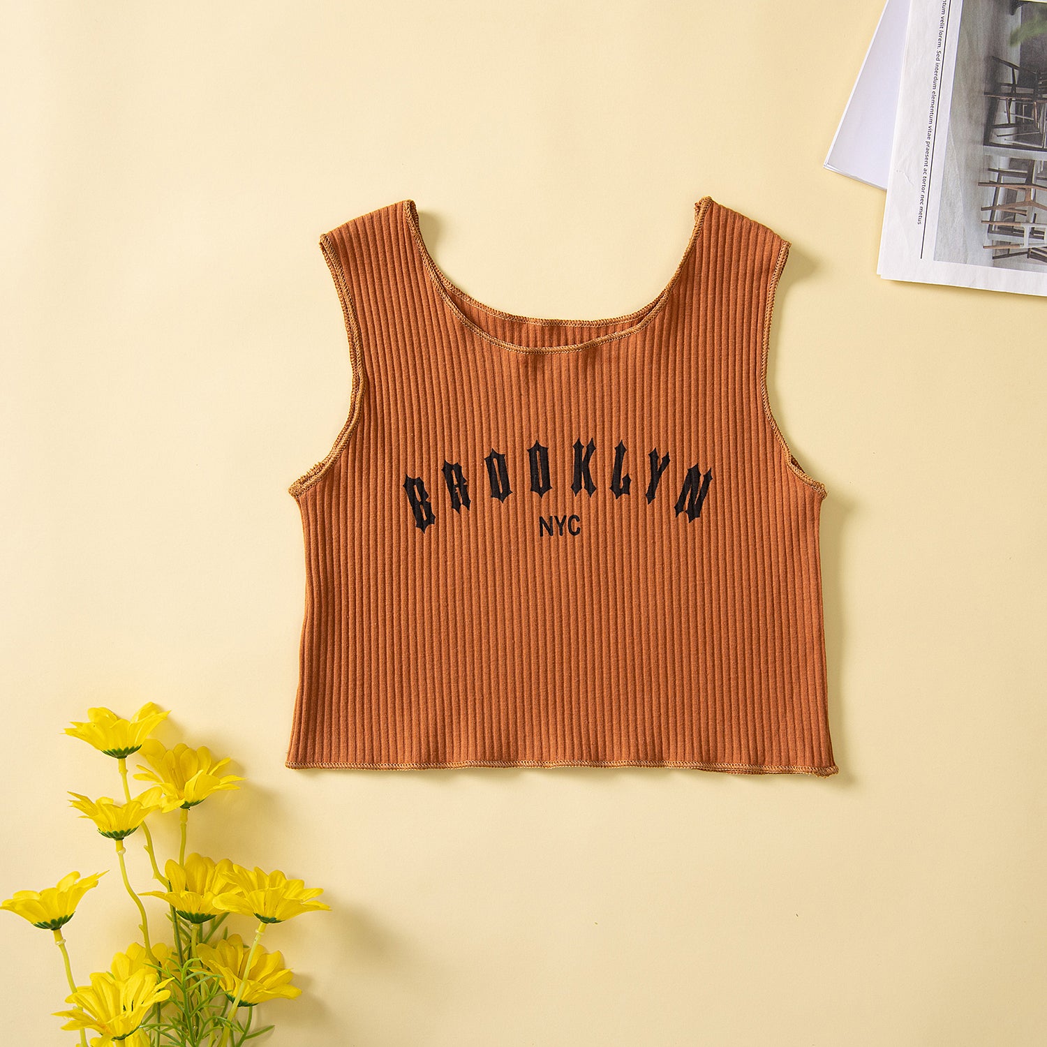Girls Brown Typography Printed T-shirt with Shorts