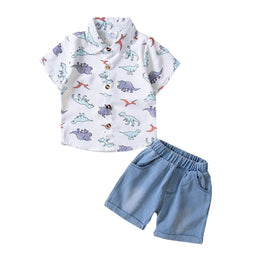 Boys White Printed Shirt Collar Shirt With Short