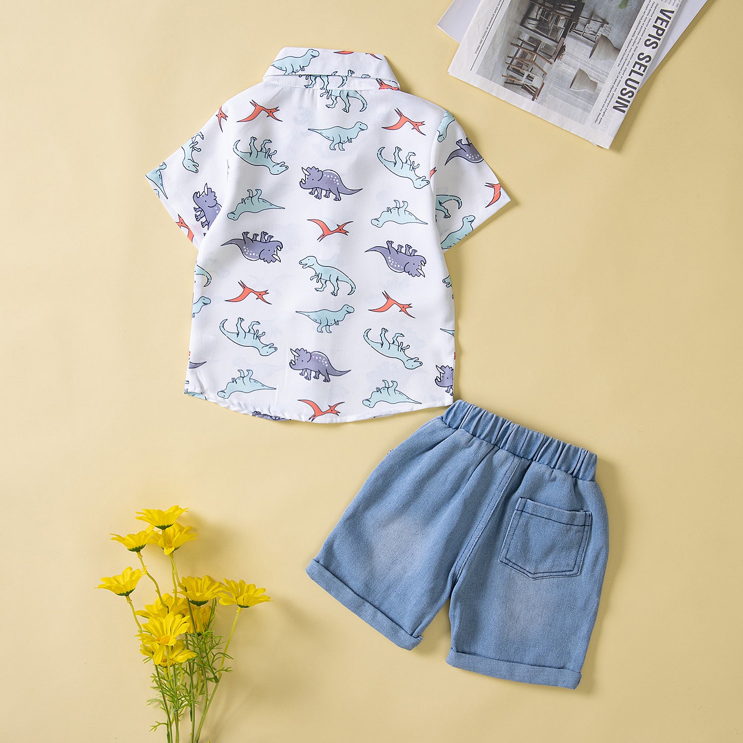 Boys White Printed Shirt Collar Shirt With Short