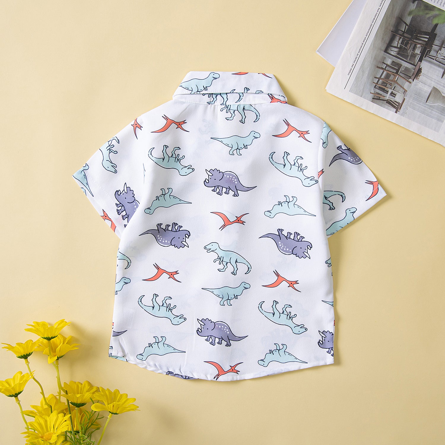 Boys White Printed Shirt Collar Shirt With Short
